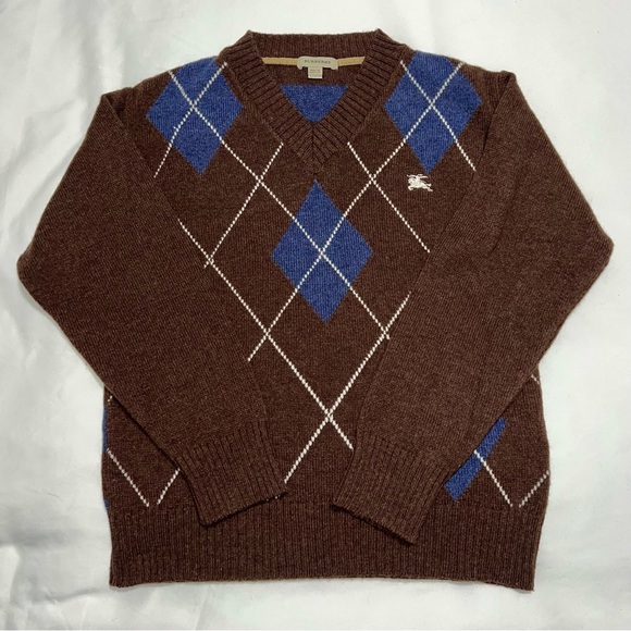 Burberry Youth Argyle V-Neck Sweater Cotton Brown Blue Diamond Striped Size 12Y - Picture 8 of 13